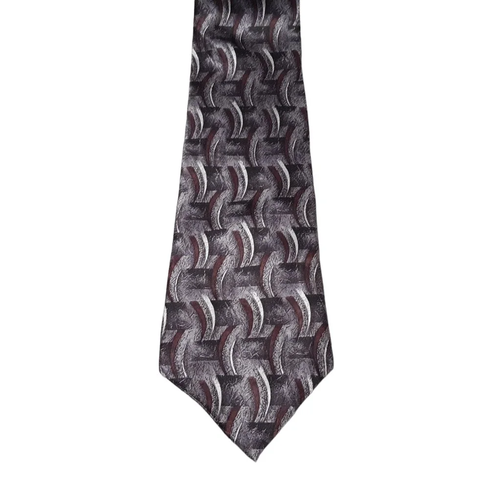 VTG Pierre Cardin Necktie Mens OS‎ Grey Black Burgundy Silk Geometric Abstract